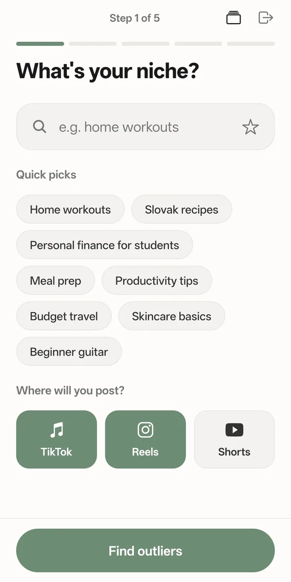 Step 1: type your niche and choose TikTok, Reels or Shorts