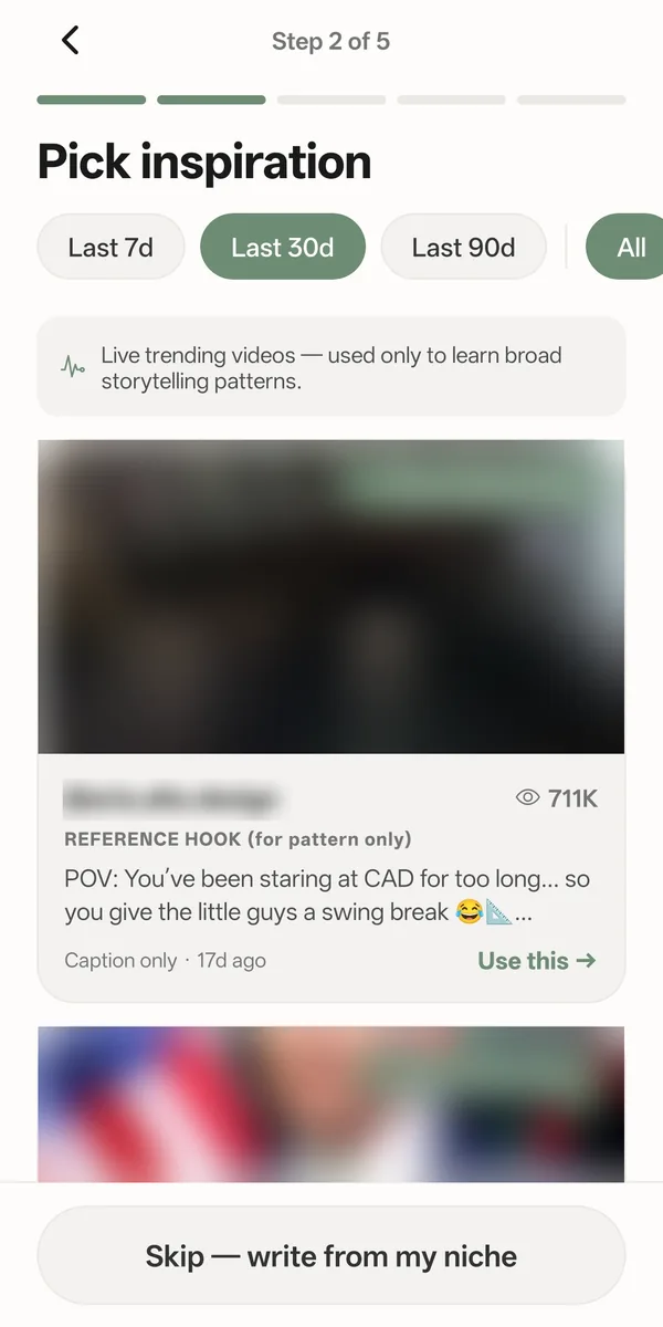 PostRN inspiration screen listing trending videos with how many times their usual views they got