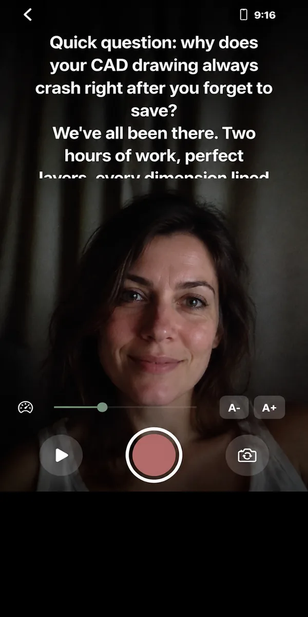 PostRN teleprompter: the script scrolls at the top of the screen while the front camera records